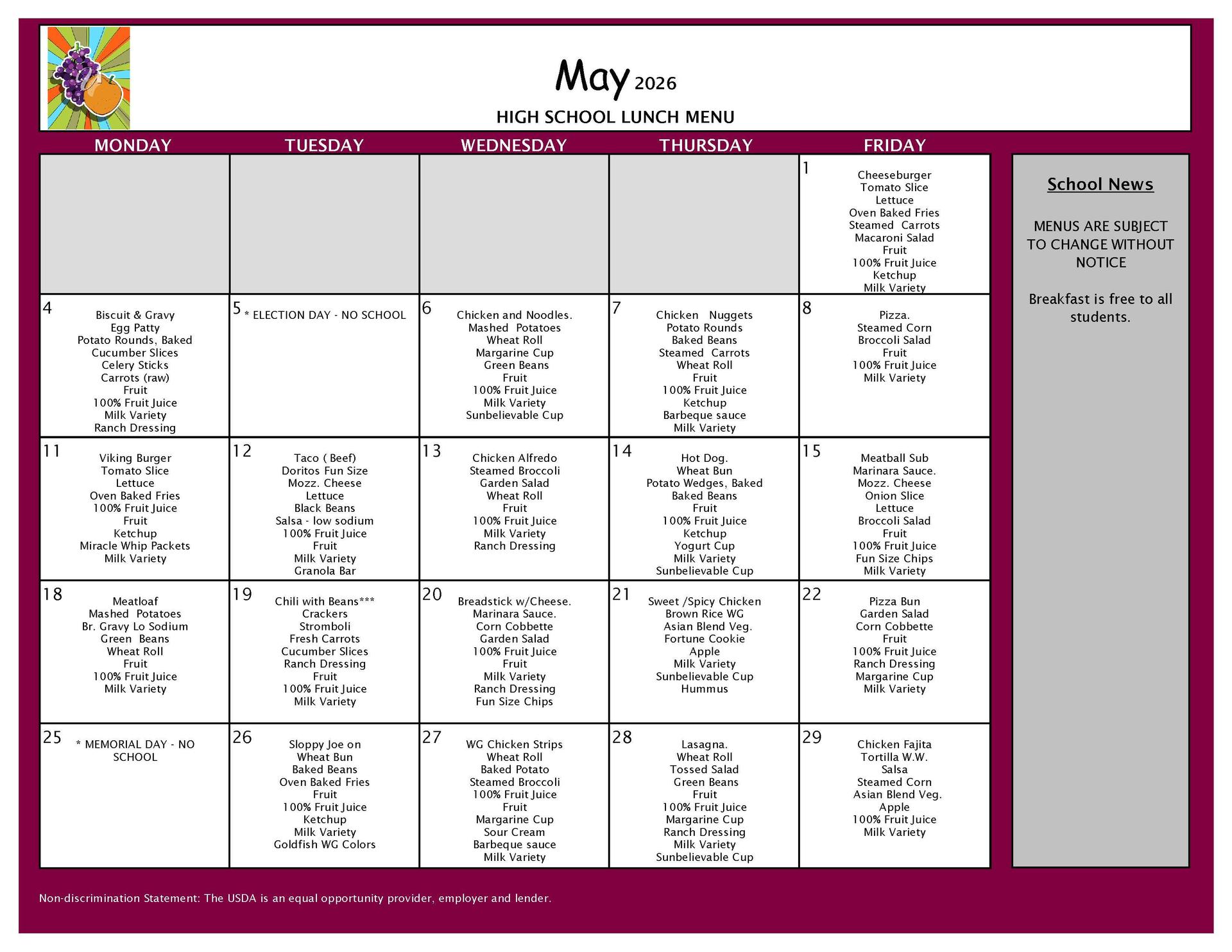 May Lunch Grades 9-12
