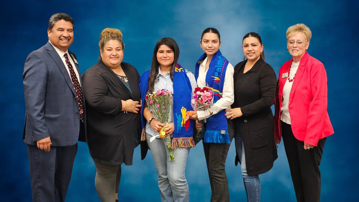 2025 Student Board members, Alison Villalba and Clarissa Guerrero taken with Board President Nancy Smith and Superintendent Dr. Maldonado