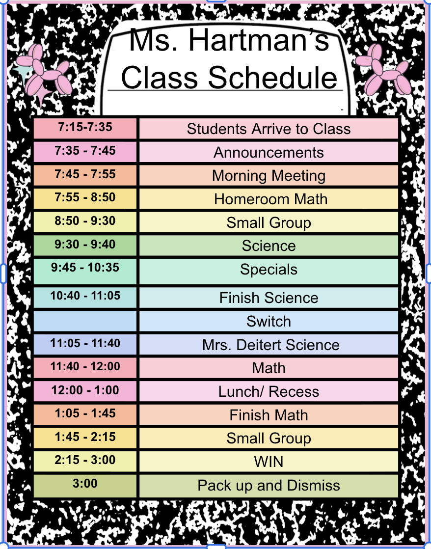 Class schedule for Ms. Hartman with time slots and subjects listed.