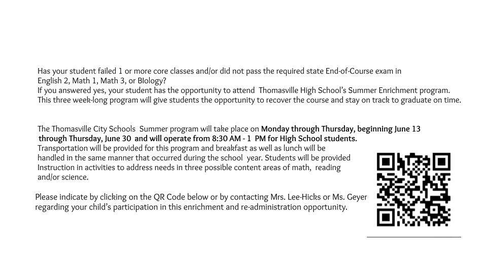 Info about summer school. Contact Ms. Hicks.
