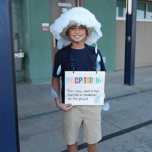 boy dressed with "cloud" hat and raindrops depicting Precipitation.