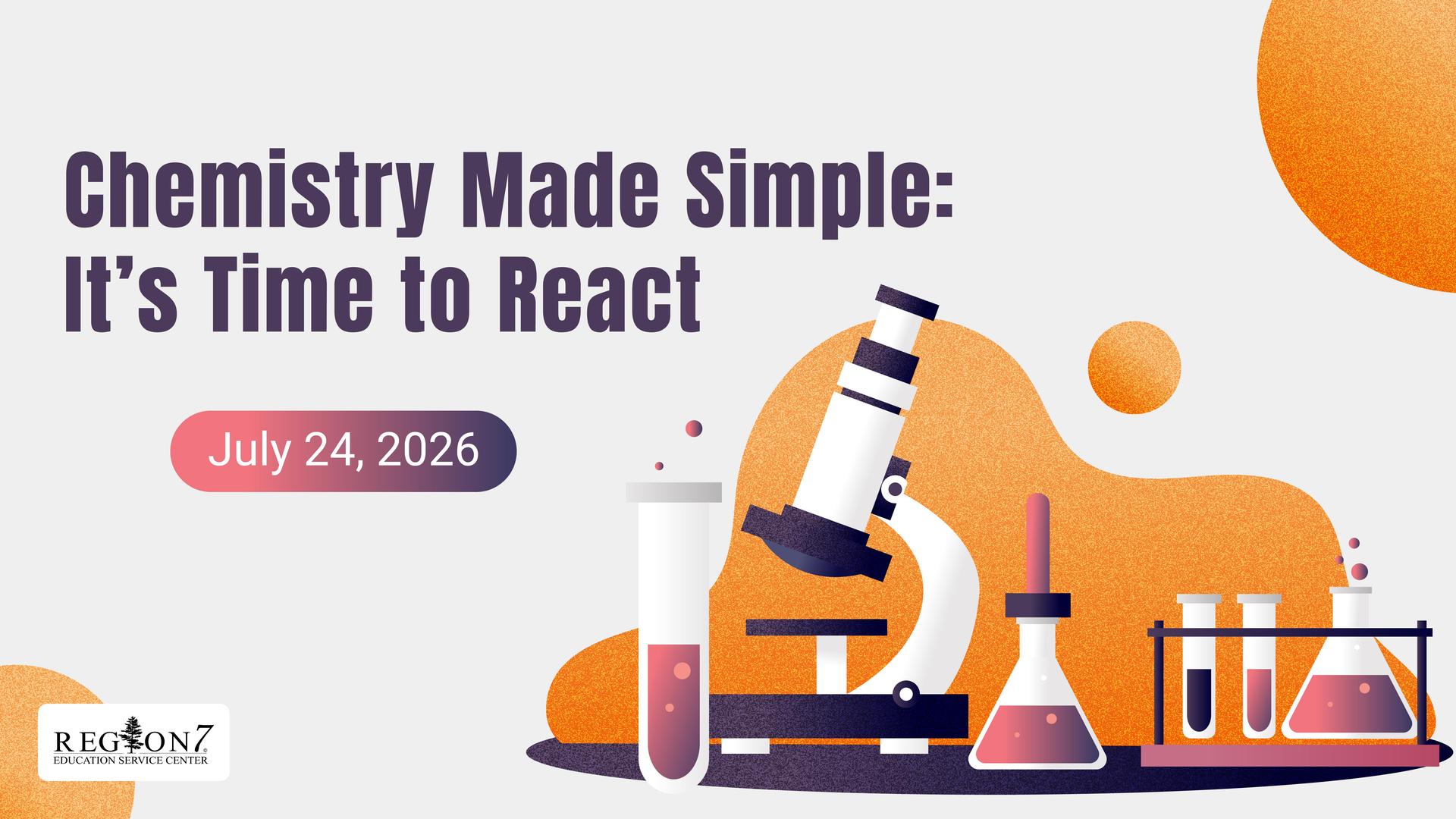 Chemistry workshop graphic with microscope, beakers, and science lab tools.