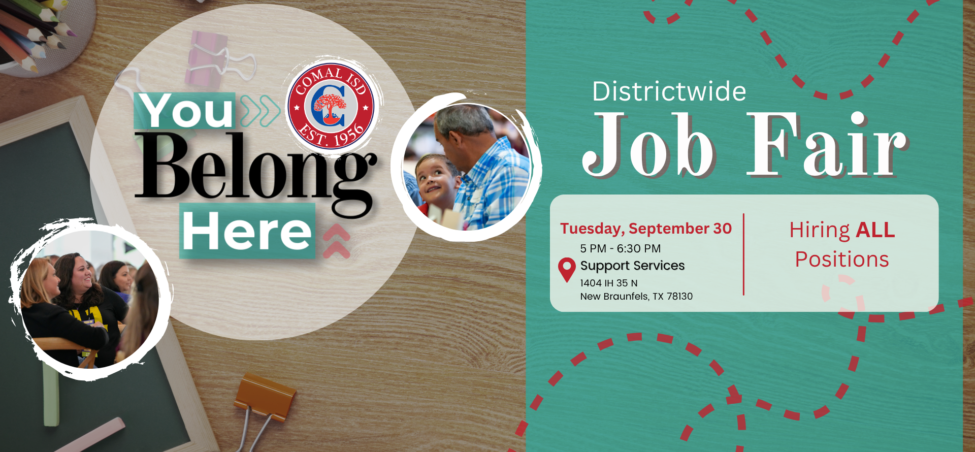 Visit our upcoming fall hiring fair! Comal ISD is hiring ALL positions. Click the banner to learn more about the hiring fair and the positions available!