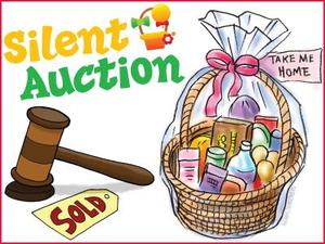 image of a gavel and gift basket to advertise the Silent Auction on 5/7/2026
