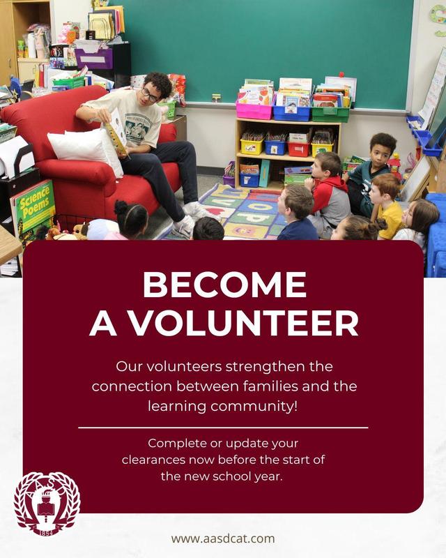 Become a Volunteer graphic with a young man reading a book to school age children