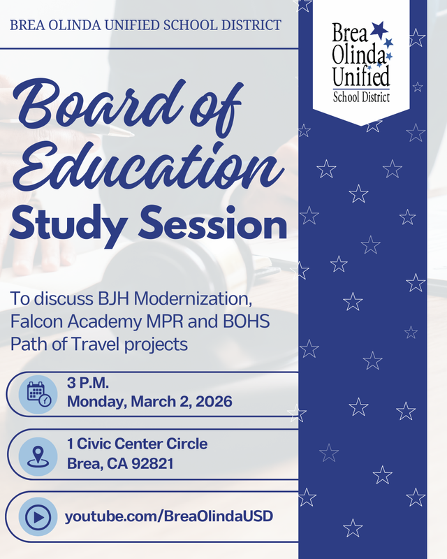 graphic designed image with blue and white elements including stars. Information about the Board Study Session is provided in the graphic