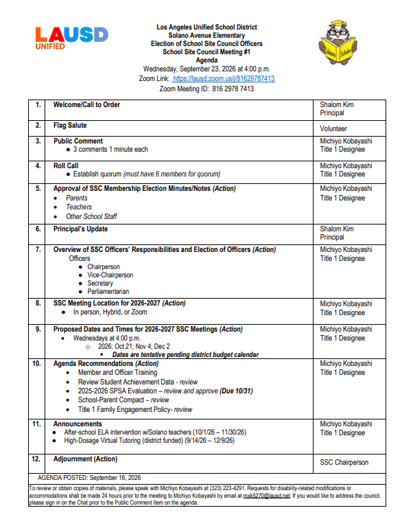 SSC Meeting Agenda