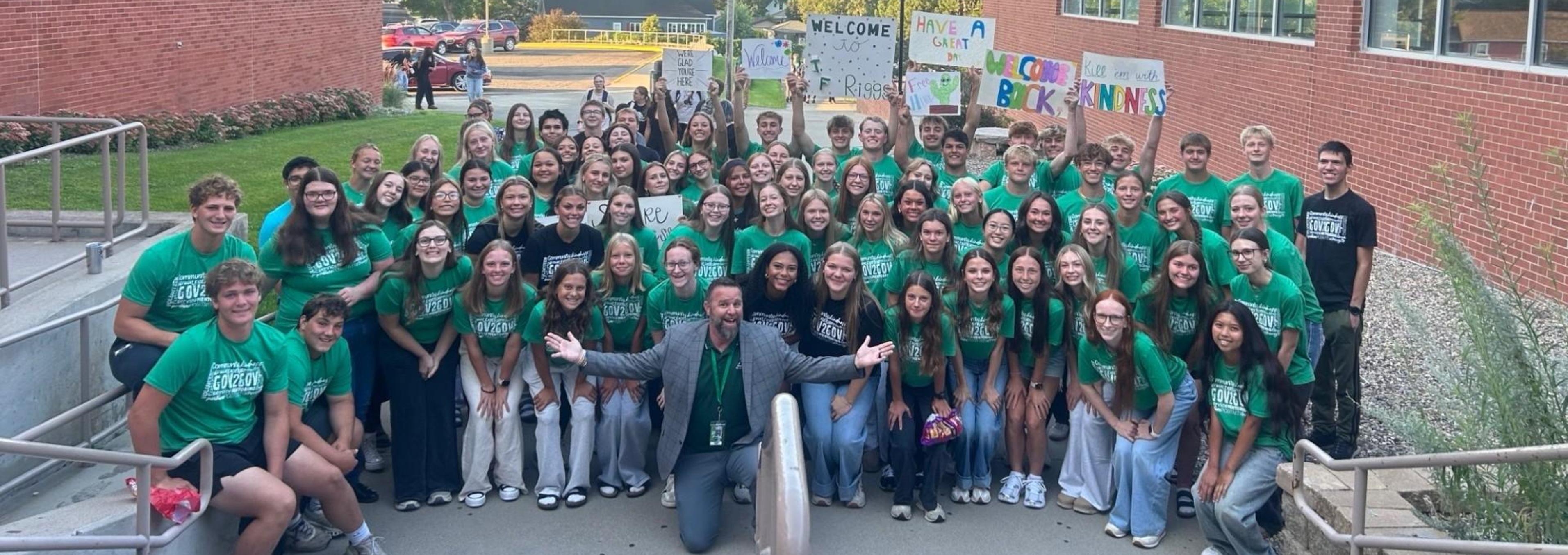 HS students and Dr. Donavan DeBoer posing for picture on the first day of school.