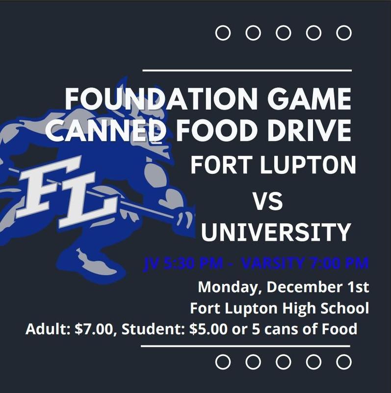 Fort Lupton Foundation Game Canned Food Drive Flyer