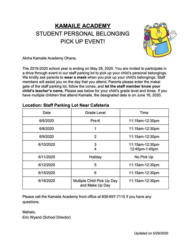 STUDENT BELONGING PICK-UP SCHEDULE (English, Chuukese, Marshallese translations) Featured Photo