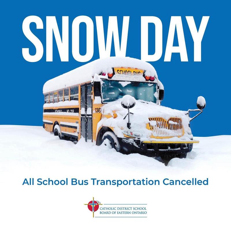A snow-covered school bus in front of a winter backdrop, announcing a snow day.