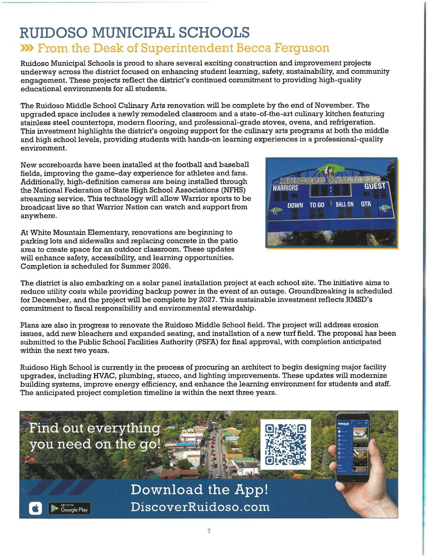 Announcement of renovations at Ruidoso Middle School Culinary Arts program and updates.