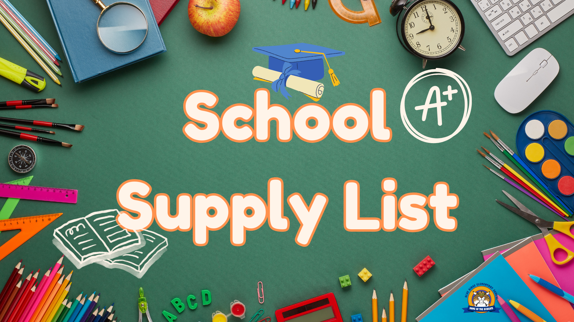 A colorful school supply list with items like pencils, books, and an apple on a green surface.
