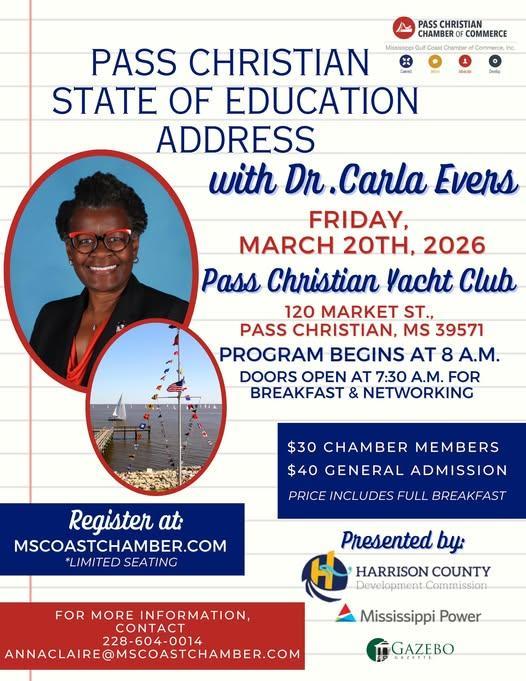 Don't miss out on an engaging breakfast event at the Pass Christian Yacht Club, where Pass Christian Superintendent, Dr. Carla Evers
