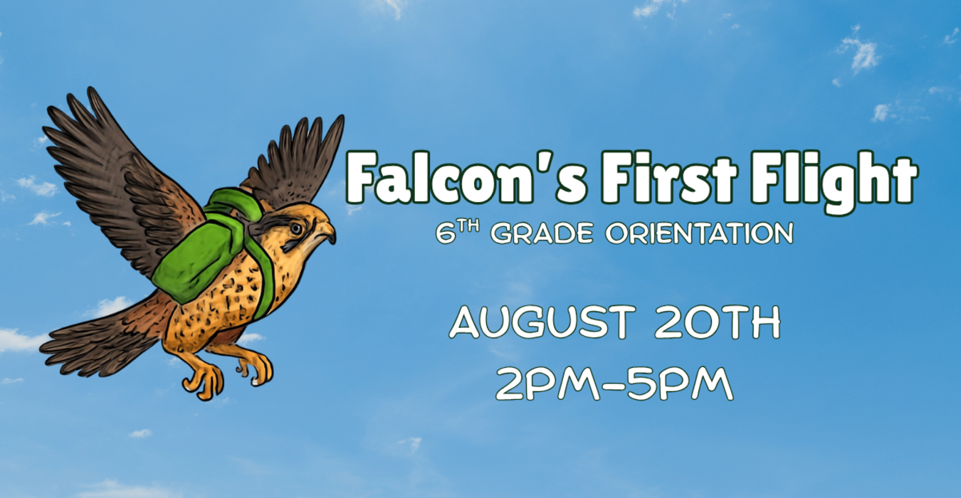 A cartoon falcon with a backpack soaring against a blue sky, promoting 6th grade orientation.