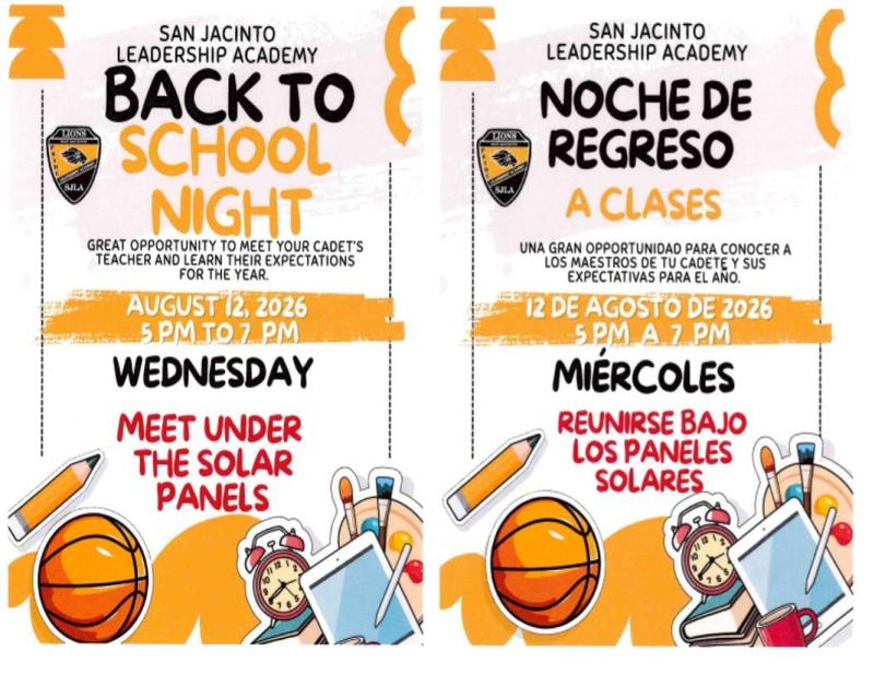 Back to School Night 2027. Meet under solar panels at 5pm