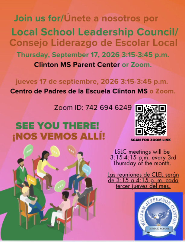 Local School Leadership Council meeting 9/17/26 from 3:15-4:15 p.m. in CMS Parent Center