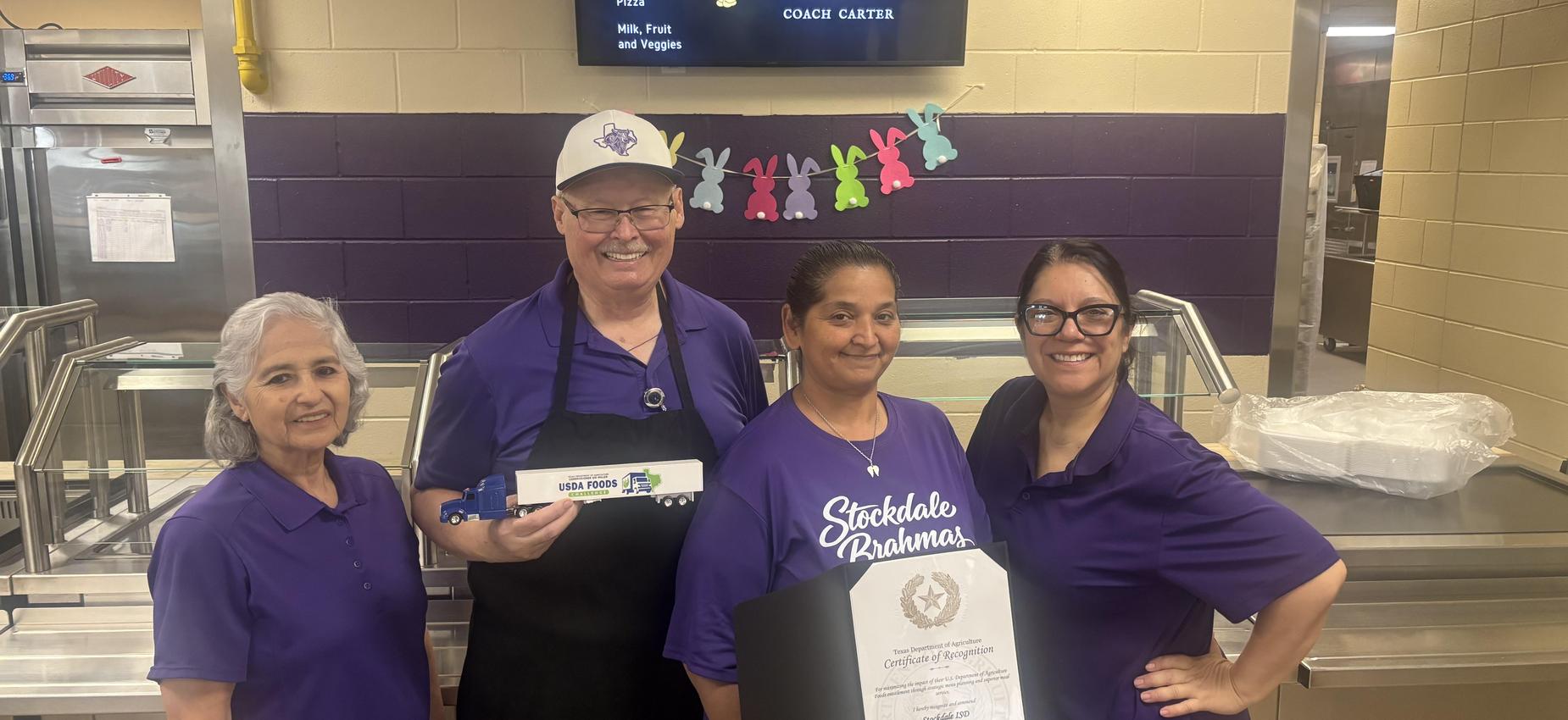 Our food service department was awarded the USDA Foods challenge award.  Here are another 4 of our cafeteria crew that are holding the award.