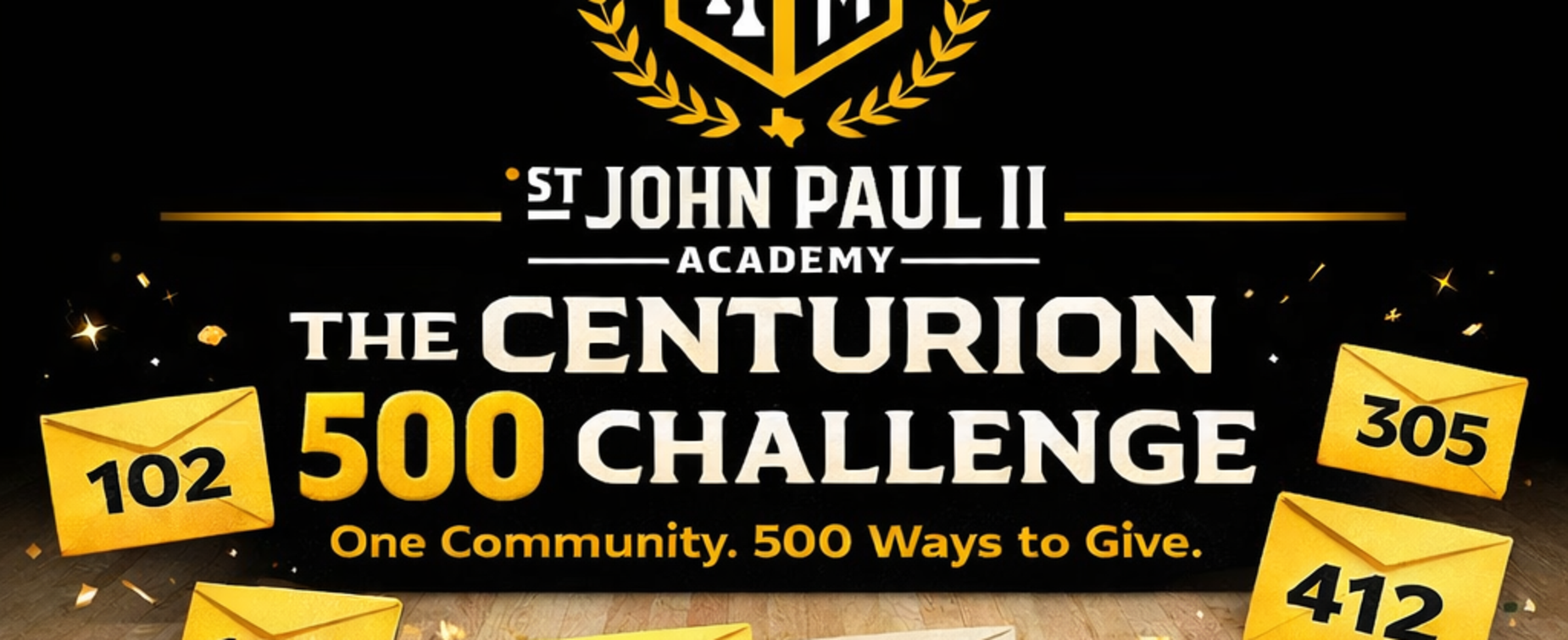 Graphic promoting the Centurion 500 Challenge with envelopes and monetary themes.
