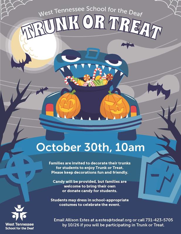 Poster for Trunk or Treat event with a decorated car and Halloween elements.