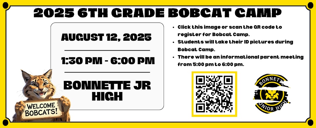 Banner for 6th Grade Bobcat Camp with details and QR code.