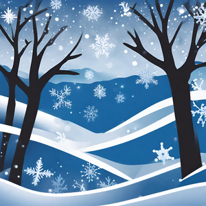 Bold illustration of a winter scene with snow, trees and the night sky.