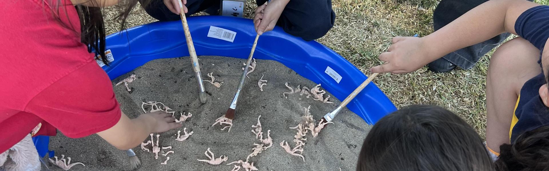 Children digging in a sandpit, using brushes to uncover objects.