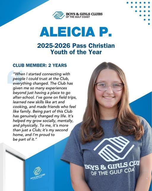 Celebrating National Boys & Girls Club week with a special spotlight on our Youth of the Years! Meet Aleicia P. from the Pass Christian Center!