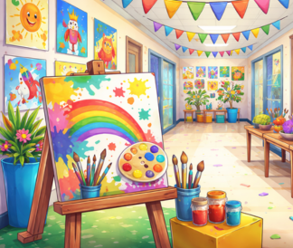Illustration of school hallway covered in art supplies and artwork