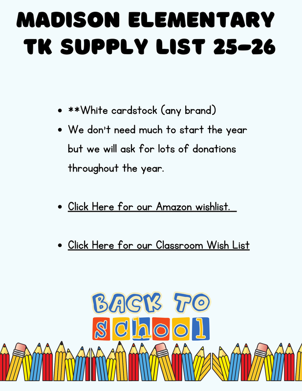 Madison's 25-26 TK-5 School Supply & Wish Lists
