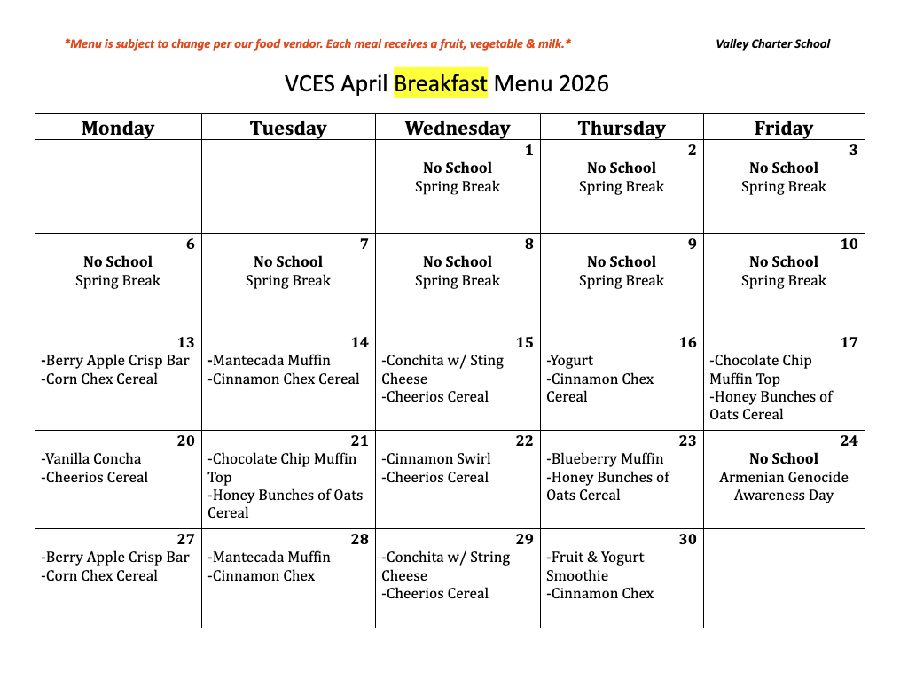 valley charter elementary school monthly breakfast menu