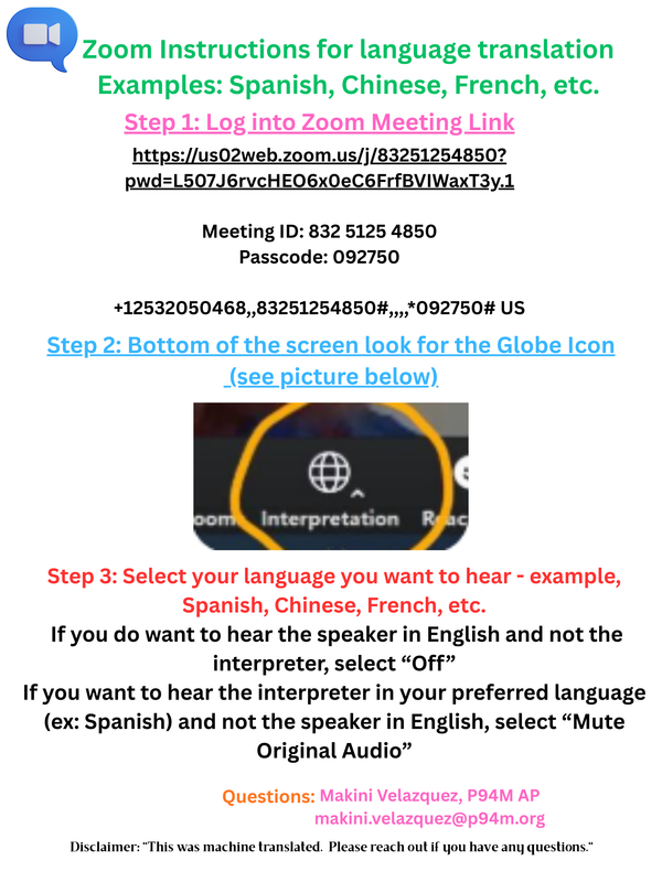 English- text with zoom links and logo