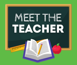 Chalkboard with text Meet the Teacher on a bright green background with school supplies