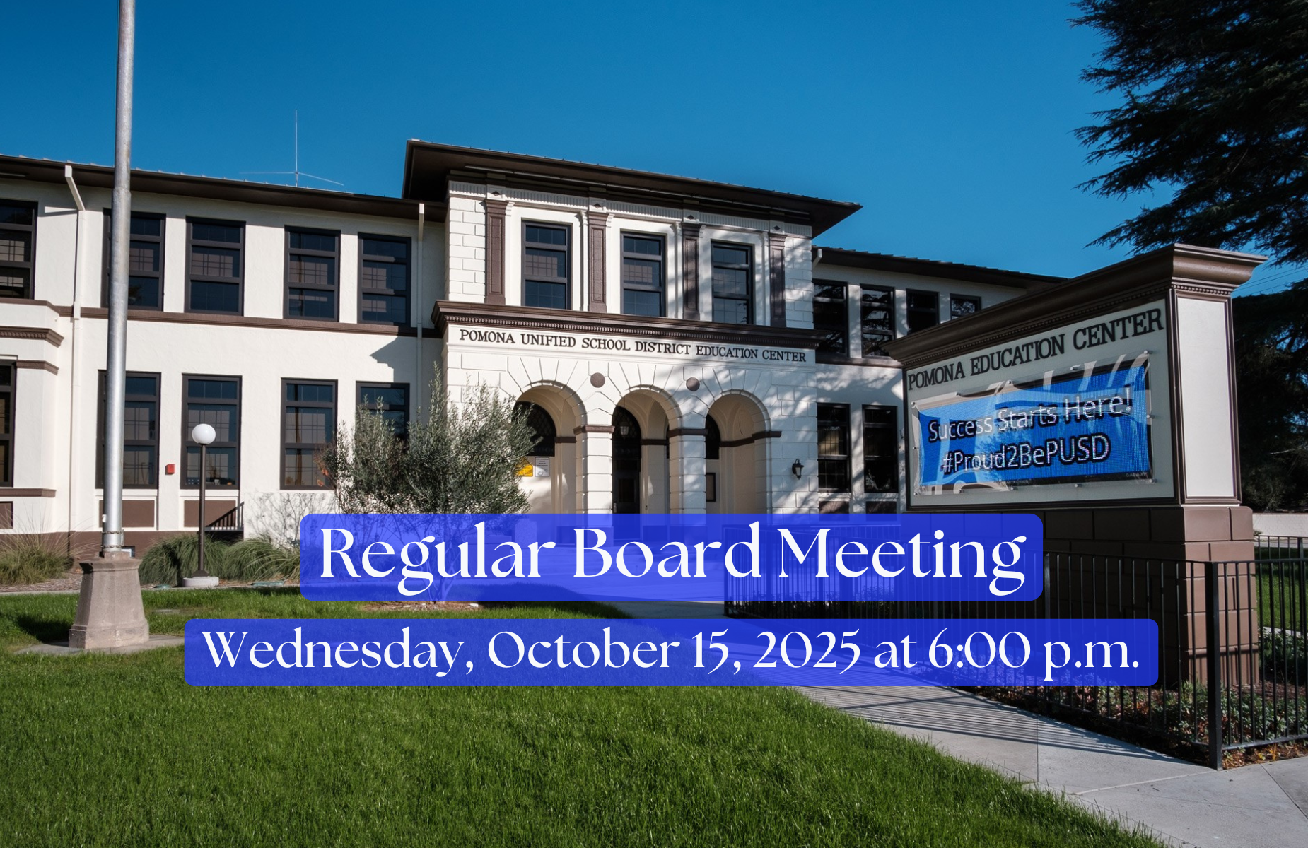 Board Meeting shuffle banner for homepage. Meeting begins at 6:00PM, on Wednesday, October 15, 2025