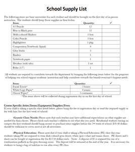 List of supplies needed for the school year