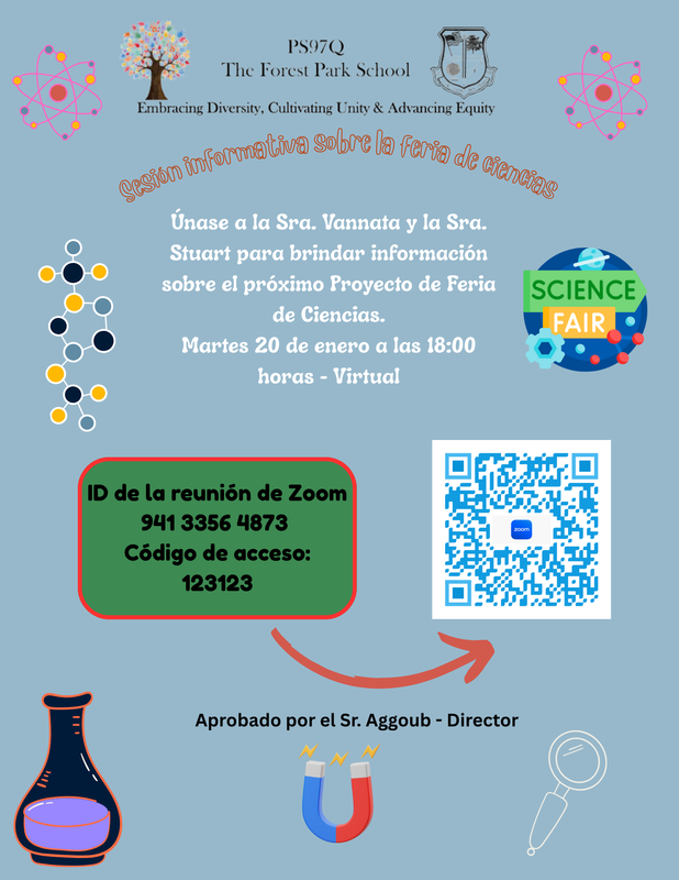 Cartel de sesión informativa sobre la feria de ciencias con detalles y un código QR.