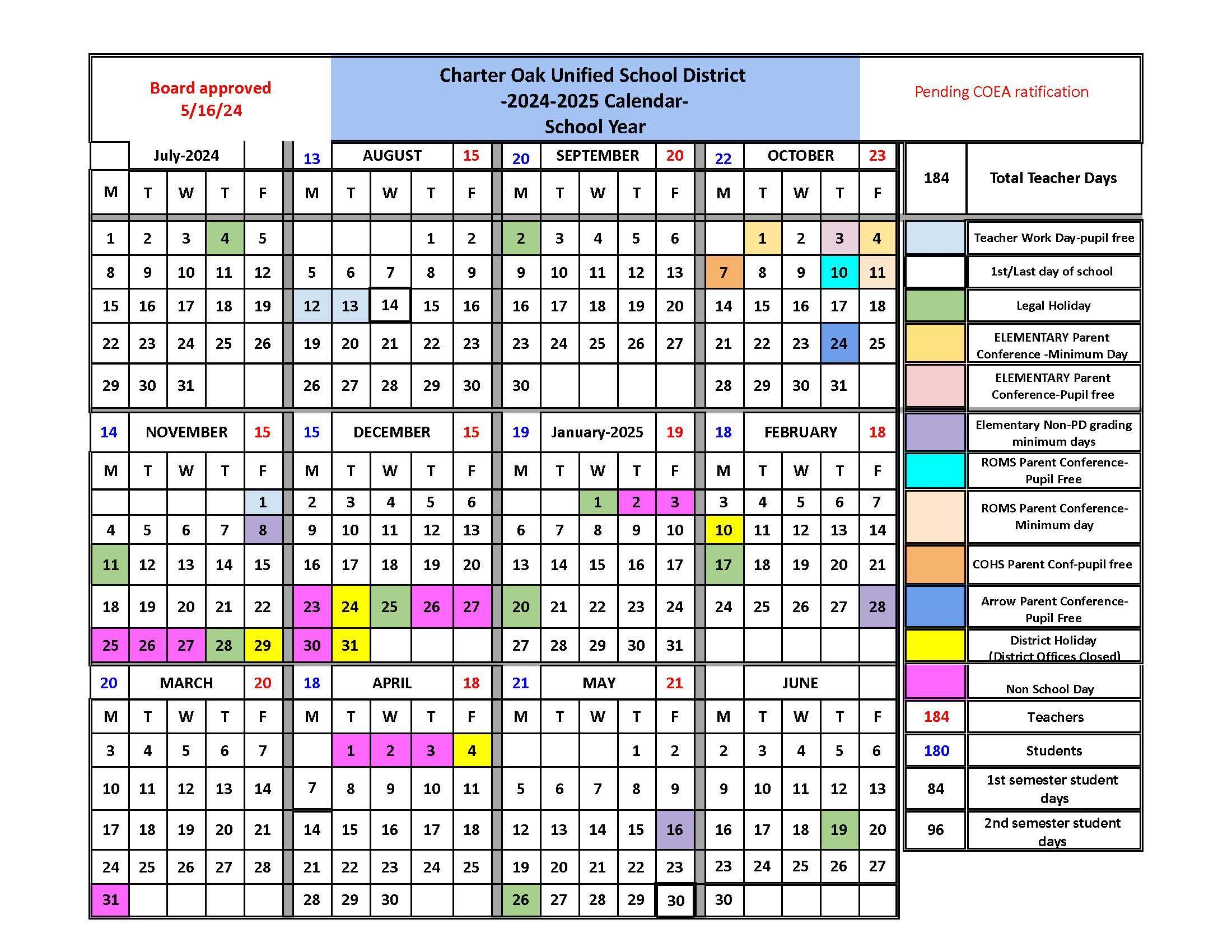 2024 2025 School Year Calendar Calendar Charter Oak Unified School
