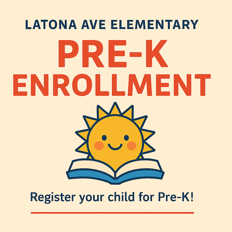 A square flyer for Latona Ave Elementary with bold text reading ‘PRE-K ENROLLMENT.’ A cheerful smiling sun sits above an open book illustration in the center. Bottom text says ‘Register your child for Pre-K!’ The background is beige with playful red and blue accents.