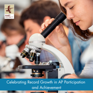 Teens in a high school science class look into microscopes with a blue and white text overlay that reads Celebrating Record Growth in AP Participation and Achievement.