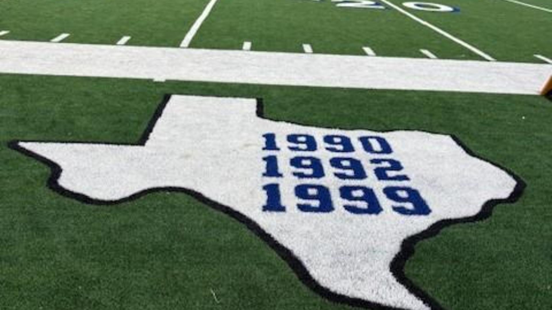 State outline of Texas marking years 1990, 1992, 1999 on a football field.