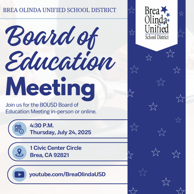 Board of Education meeting announcement with details on time and location.