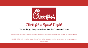 Chick-fil-a logo on a white and red background. Text with Spirit Night information.
