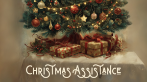 Nostalgic Christmas tree with presents and the words "Christmas Assistance."
