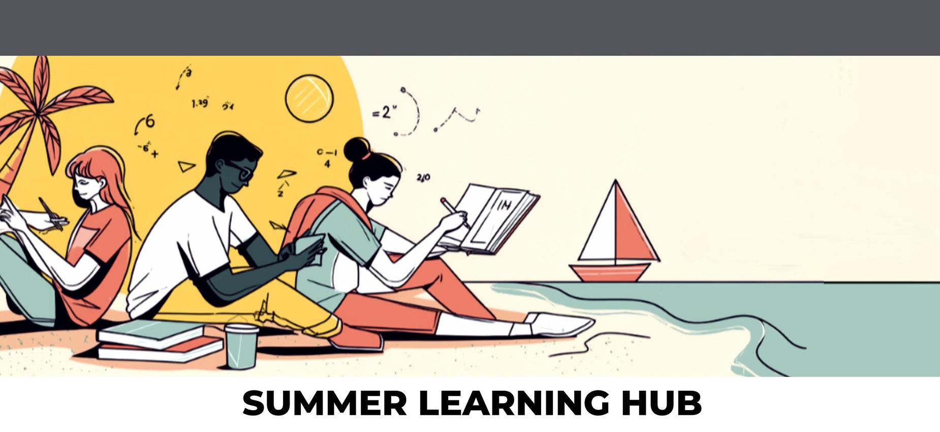 Four diverse students studying on the beach with a sailboat in the background.