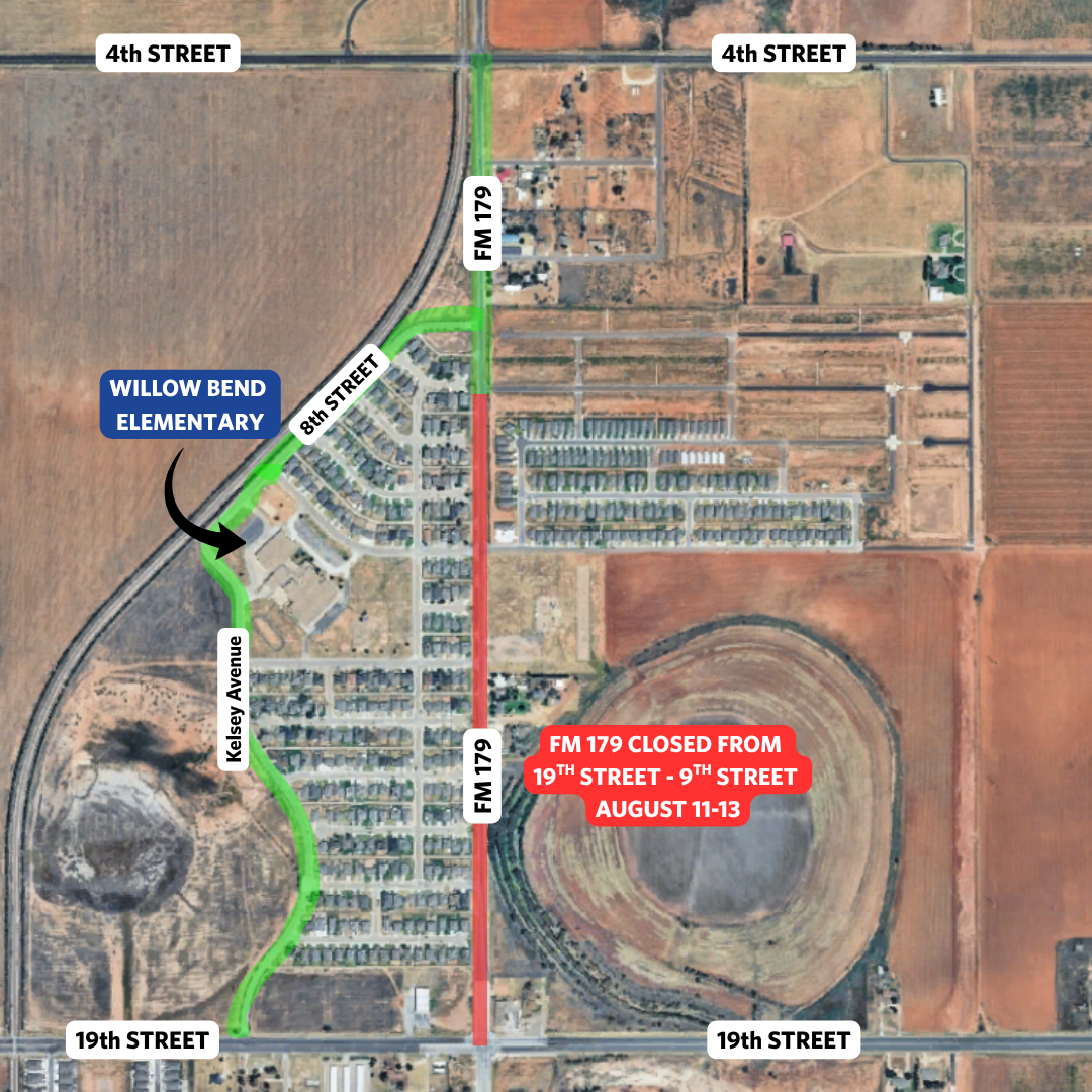 map showing FM 179 closure with detour to Kelsey Avenue or 8th Street for Willow Bend