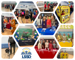Collage of school event booths with participants and displays.