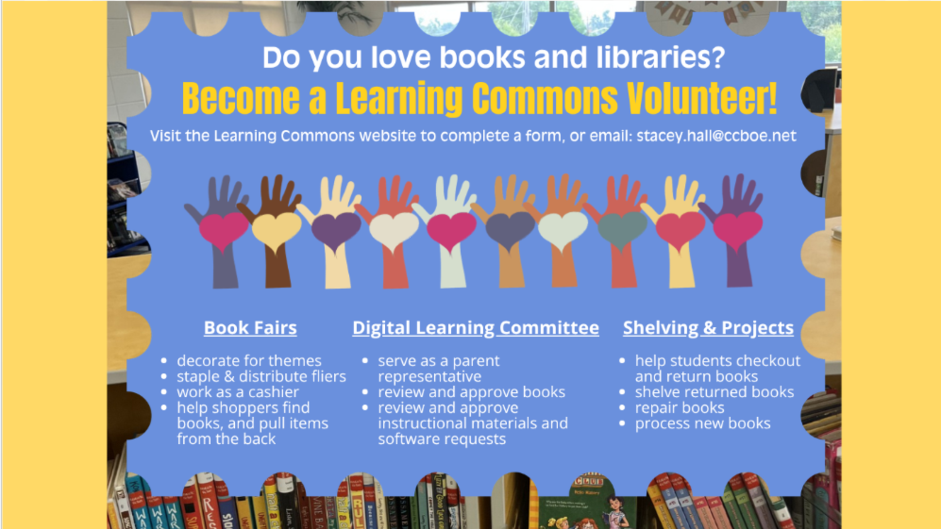 Colorful volunteer recruitment poster for book and library activities.