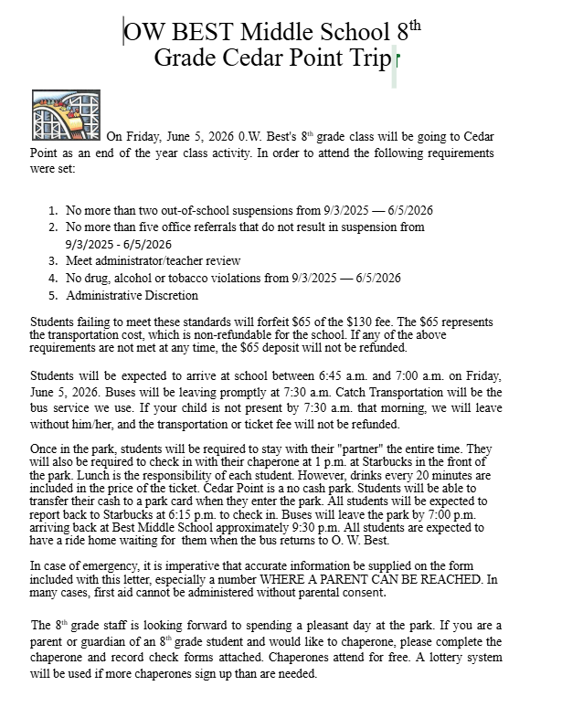 8th Grade Cedar Point Trip Package