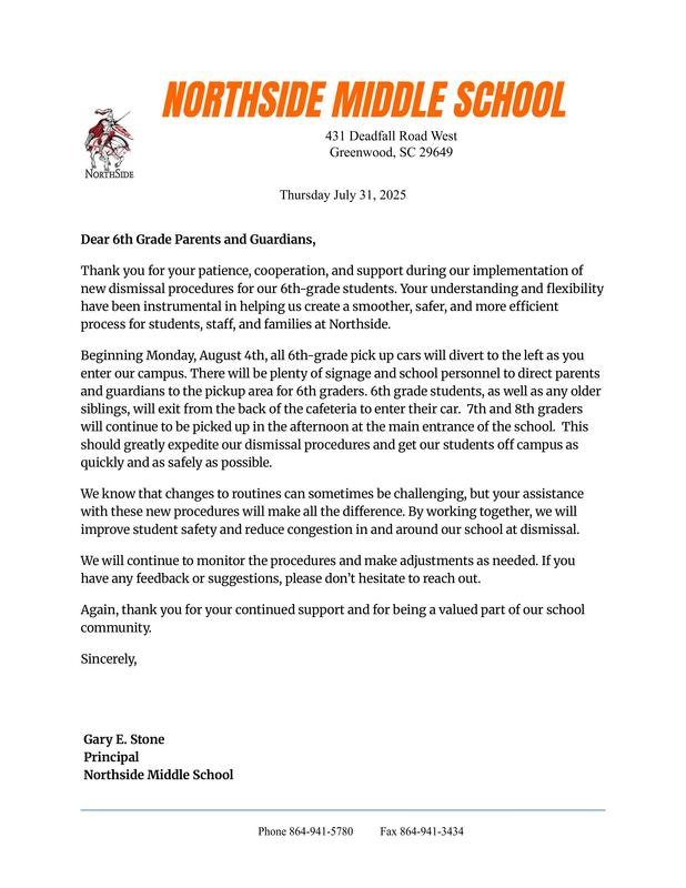 New Car Dismissal Procedures - Letter To 6th Grade Parents