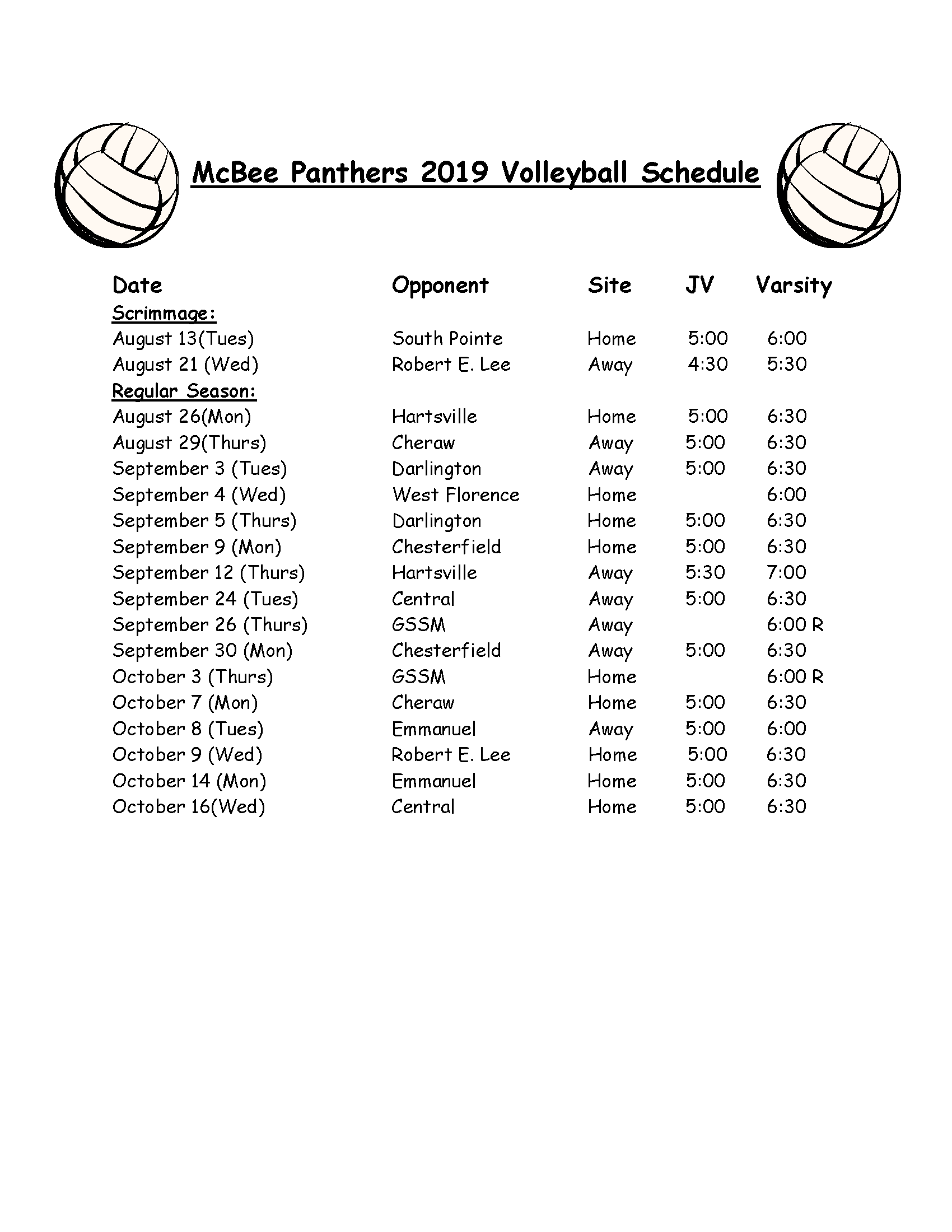 Schedule Volleyball JV McBee High School